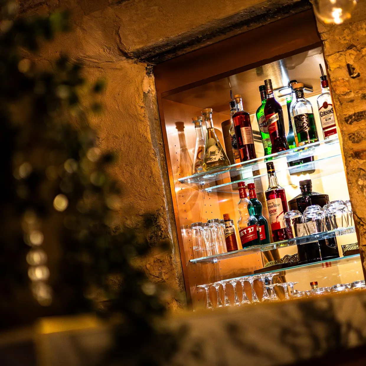 Une étagère en verre éclairée contient des bouteilles d'alcool et des verres à cocktail, encadrée par des murs en pierre et une plante verte