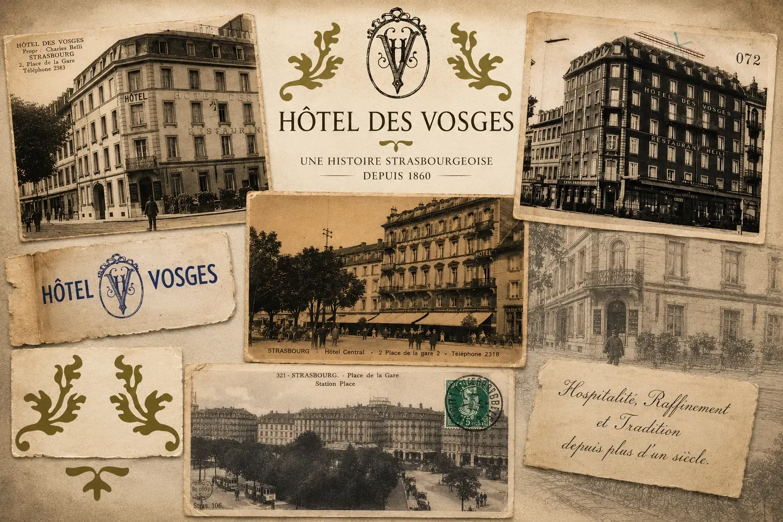 Collage de photographies anciennes et de documents promotionnels de l'Hôtel des Vosges à Strasbourg, incluant des vues de l'établissement et des logos