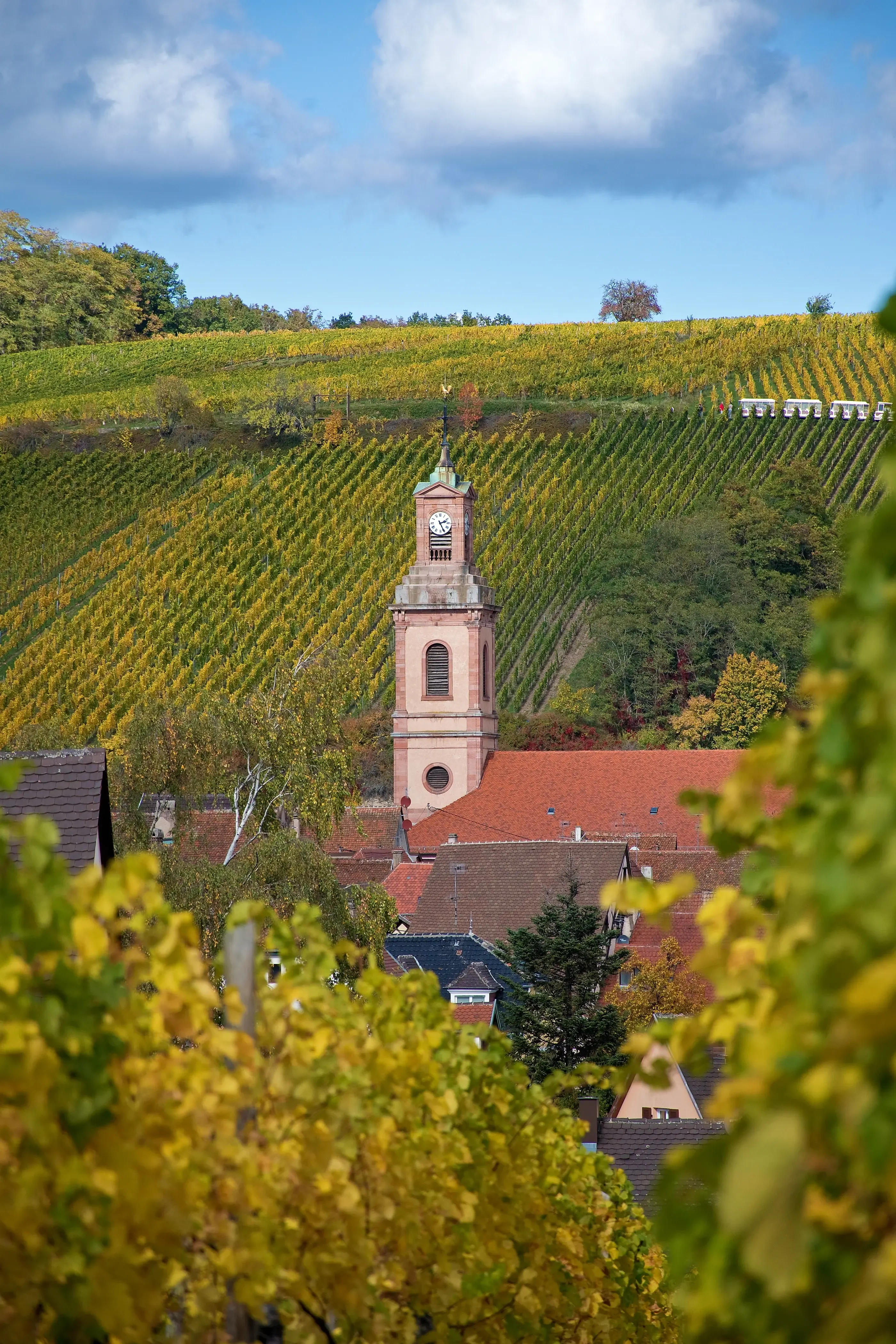 Un clocher d'église s'élève au-dessus des toits rouges d'un village entouré de vignes en automne