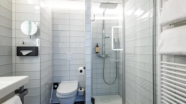 Bathroom with shower, toilet, sink, towels and toiletries