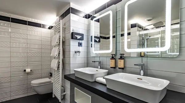 Salle de bain moderne avec douche, lavabo, toilettes, serviettes suspendues et produits de toilette sur le comptoir
